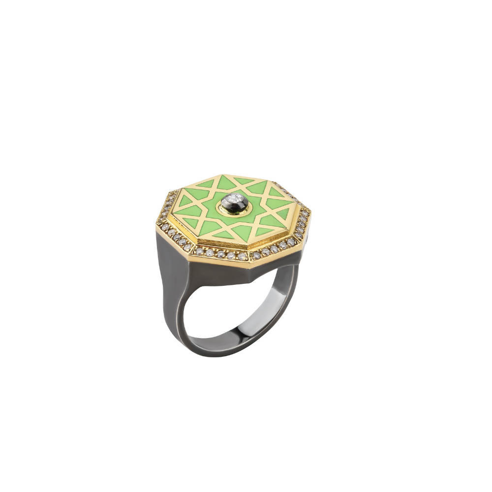18-karat gold, diamond-studded, green enamel octagonal Şems-i Zarafet Ring