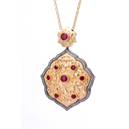 18-karat gold, ruby and diamond-studded, shield-shaped Yakut-u Sultan Necklace.