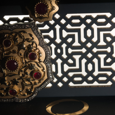 18-karat gold, ruby and diamond-studded, shield-shaped Yakut-u Sultan Necklace.