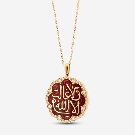 18-karat gold and diamond-framed, ruby-red enameled, round medallion-shaped luxury necklace featuring motifs of Tevhid Hat Art.