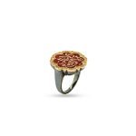 18-karat gold and diamond-detailed, red enameled, rose-shaped, calligraphy motif Art Ring (smoky body).