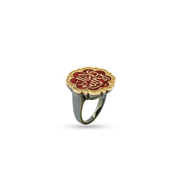 18-karat gold and diamond-detailed, red enameled, rose-shaped, calligraphy motif Art Ring (smoky body).