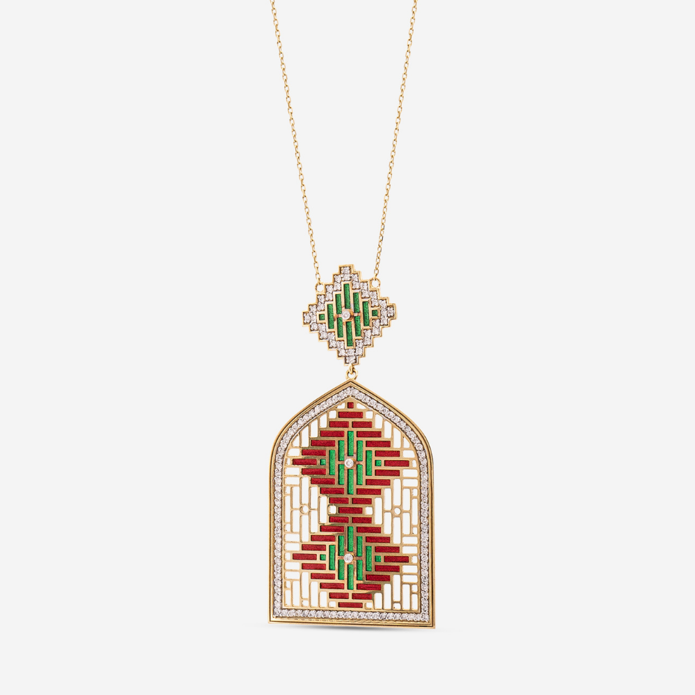 18-karat gold and diamond-studded, enameled, luxury necklace in the shape of an Islamic arch with geometric patterns.