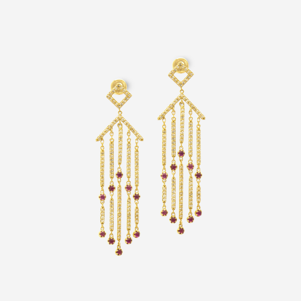 18-karat gold, ruby and diamond-studded, luxury earrings in a geometric tassel (pendant) form with architectural influences.