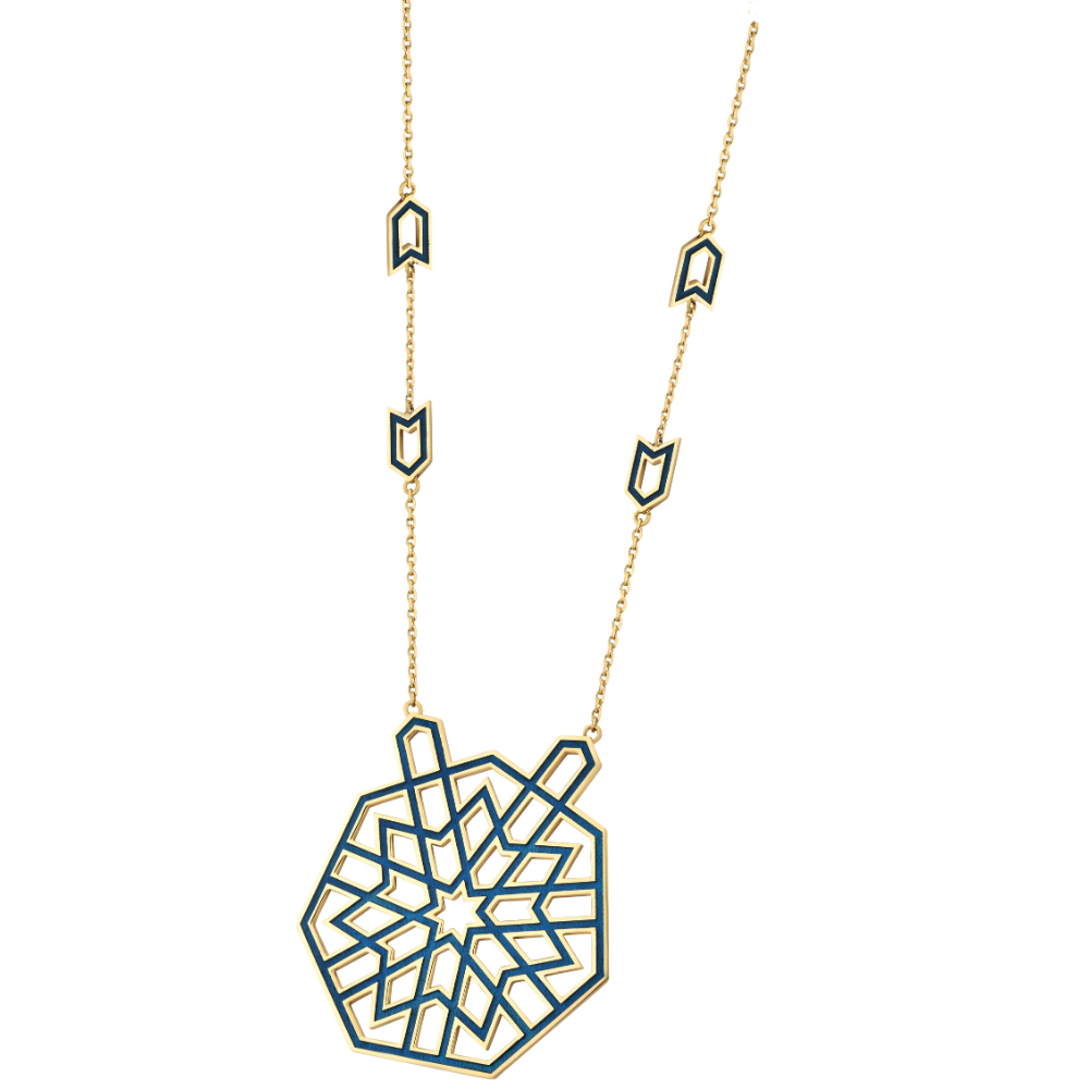 18-karat gold and blue enamel Nakş-ı Sema Necklace with geometric patterns.