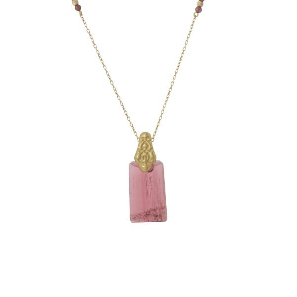 18-karat gold, raw cut Pink Tourmaline (Rubellite) stone, tulip motif pendant, vertical (column) form luxury necklace.