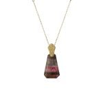 18-karat gold, raw cut dark and pink/red tourmaline stones, tulip motif headpiece, vertical (column) form luxury necklace.