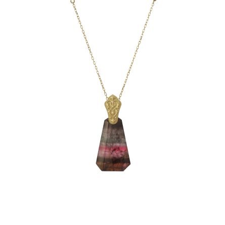 18-karat gold, raw cut dark and pink/red tourmaline stones, tulip motif headpiece, vertical (column) form luxury necklace.