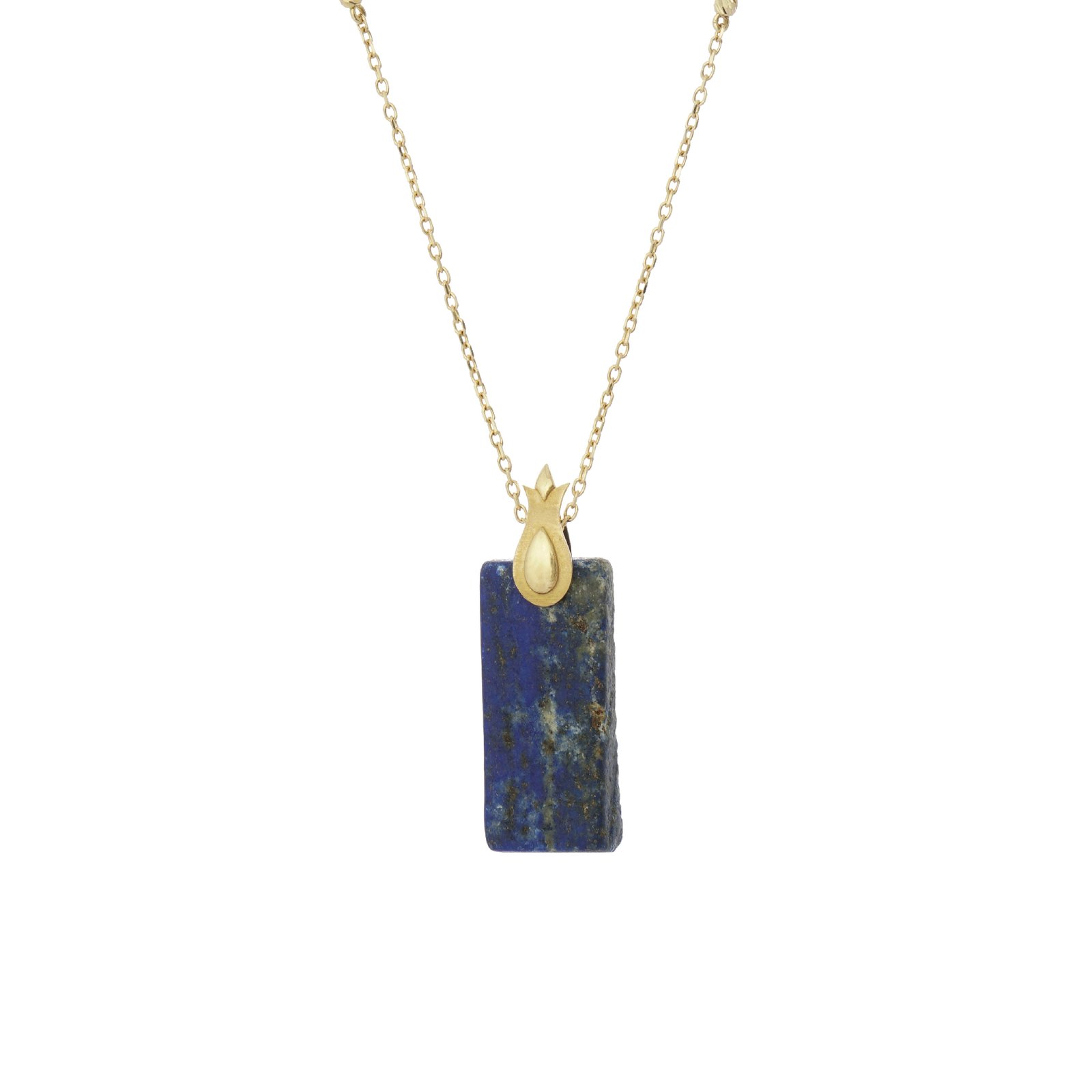 18-karat gold, raw cut Lapis Lazuli (blue, pyrite) stone, tulip motif headpiece, vertical (column) form luxury necklace.