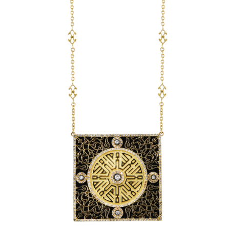 18k gold and diamond-studded, round-shaped Sun Glow Necklace.