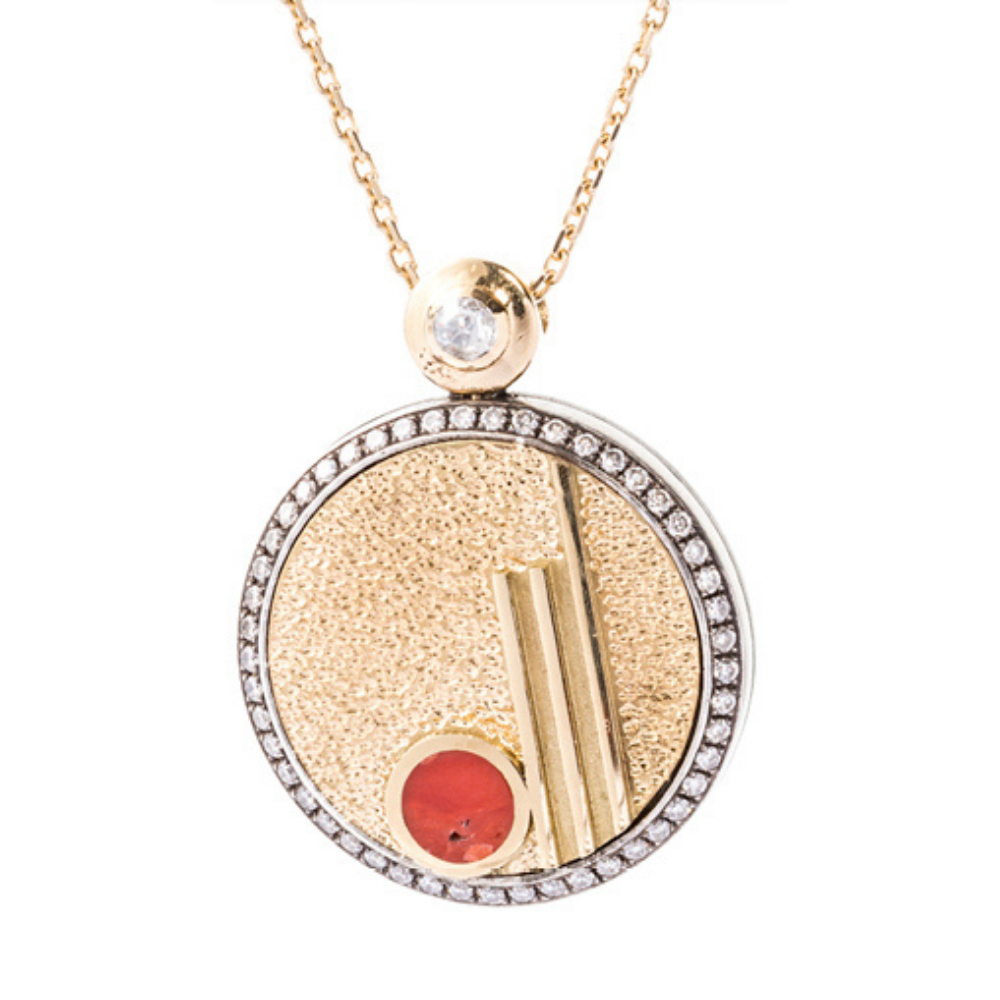 18-karat gold and diamond-studded, abstract and textured Desert Sun Necklace.