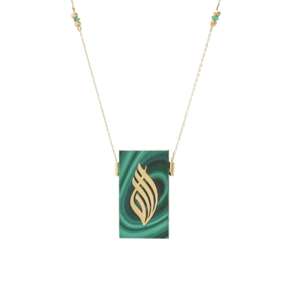 18k gold and malachite stone, teardrop-shaped with curved lines, Malachite Curve Necklace.