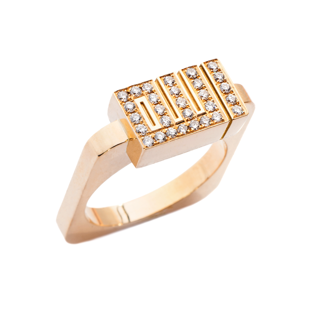 18-karat gold and diamond-studded, calligraphy-engraved Diamond Calligraphy Ring.