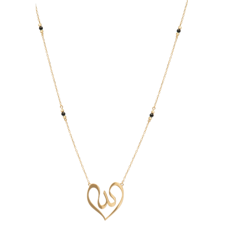 18-karat gold necklace with a heart motif in calligraphy.