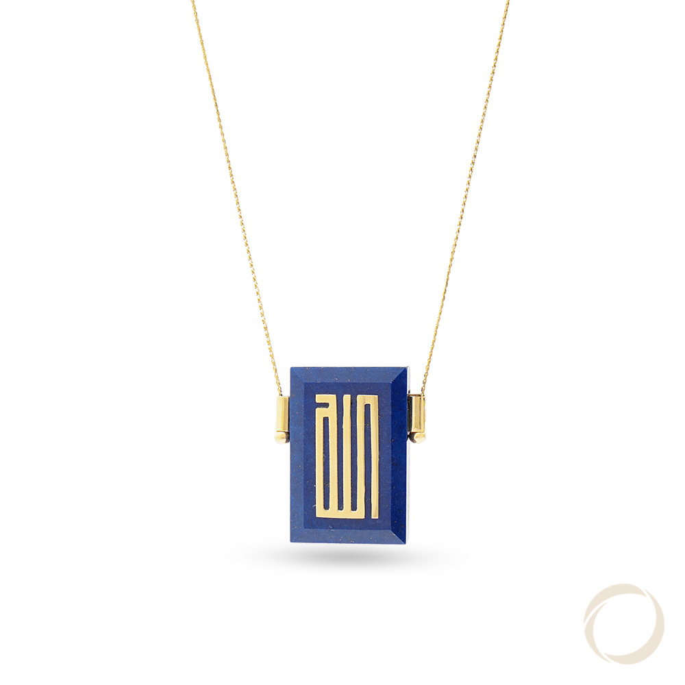 18-karat gold necklace with lapis lazuli stones, designed with geometric Kufi calligraphy.