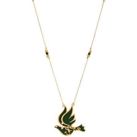 18-karat gold, diamond, and green enamel necklace with a dove of peace motif.