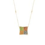 18-karat gold and diamond-studded, square-shaped, four-colored (red, green, blue, orange) luxury necklace featuring Kufic calligraphy motifs.