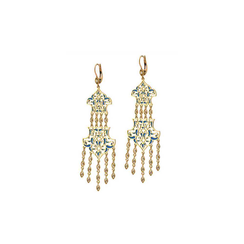18-karat gold and diamond dangling earrings with blue enamel detailing and traditional stained glass/tile motifs.