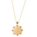 18-karat gold necklace, round medallion crowned with pear-cut red stones, featuring a traditional intricate pattern motif at the center.