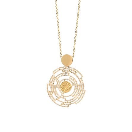 18-karat gold and diamond-detailed, circular, geometric labyrinth-shaped, cage-work luxury necklace.