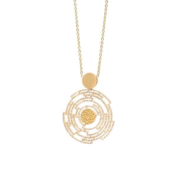 18K Gold Diamond Sun Circle Necklace GU001003 18-karat gold and diamond-detailed, circular, geometric labyrinth-shaped, cage-work luxury necklace.