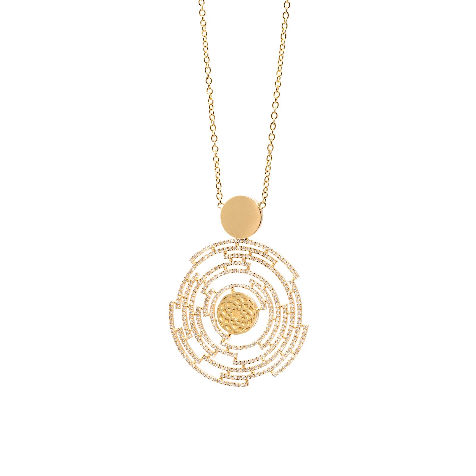 18-karat gold and diamond-detailed, circular, geometric labyrinth-shaped, cage-work luxury necklace.