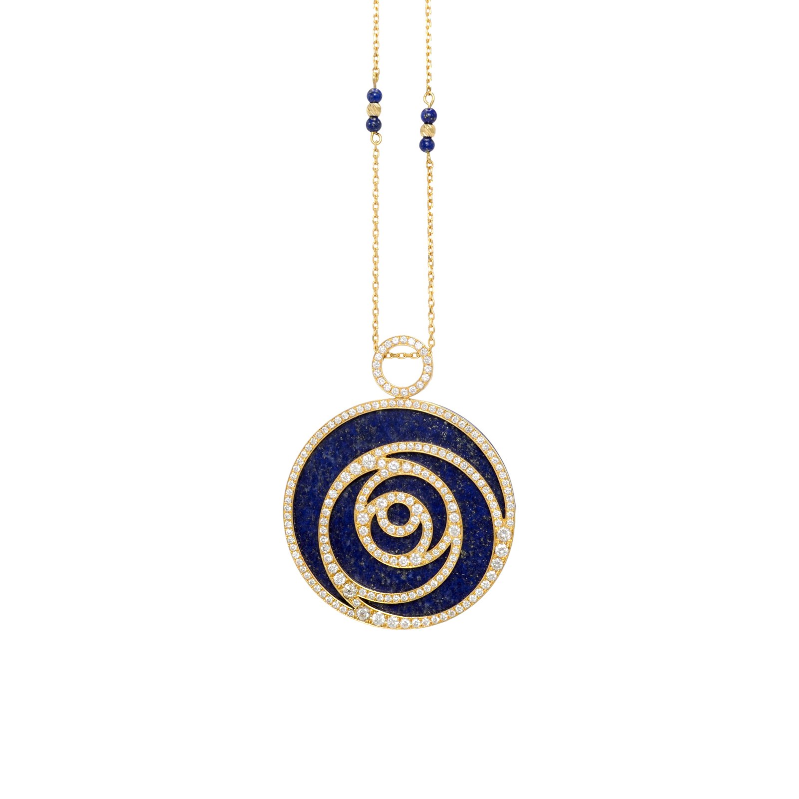 Luxury necklace with 18-karat gold and diamond details, featuring a spiral (vortex) motif set with diamonds on a lapis lazuli base.