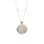 A luxurious necklace in a half-circle (fan) shape, featuring 18-karat gold and densely set diamonds, with an emerald detail at its center.