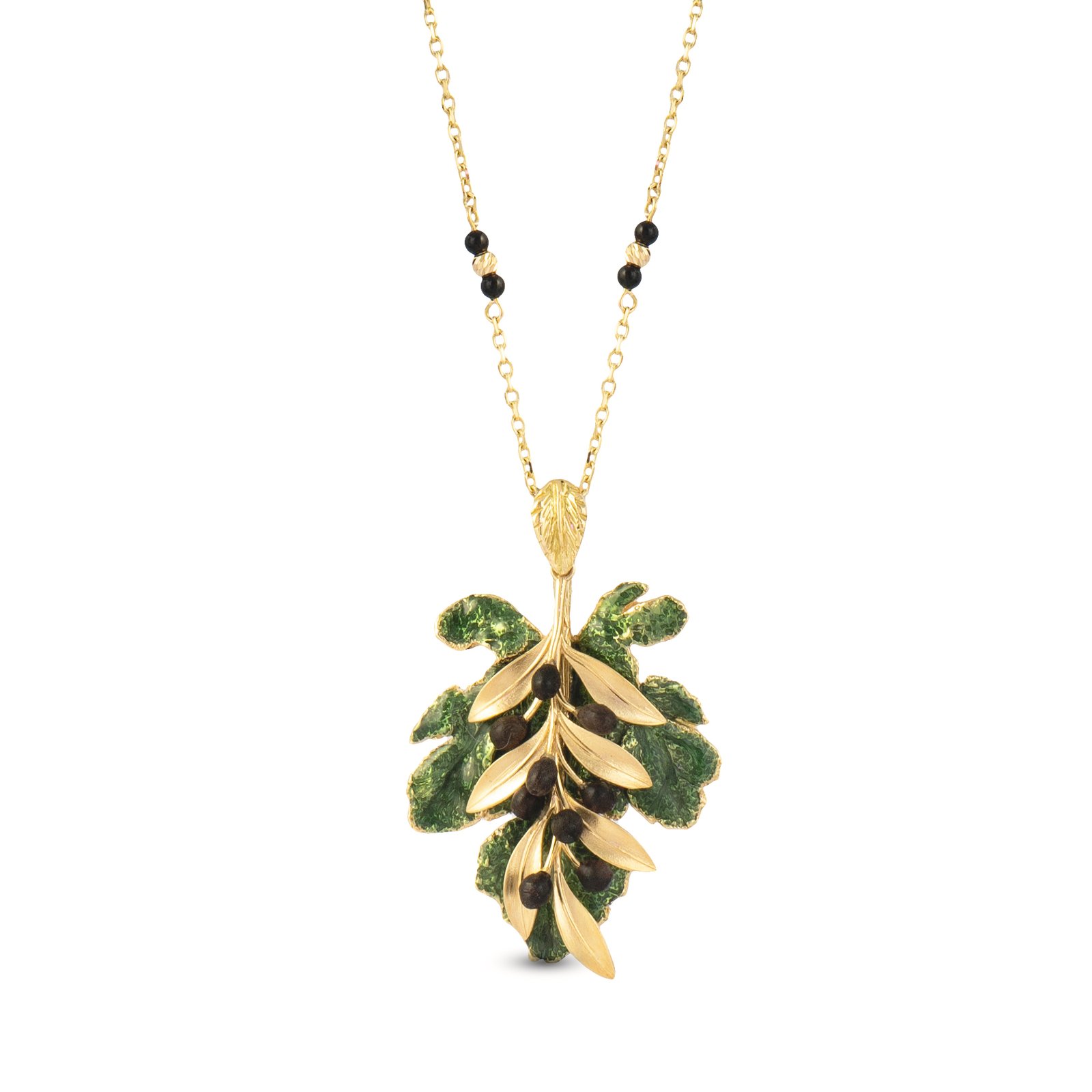 18-karat gold, green enamel, and beaded details, a luxurious necklace in the shape of a three-dimensional olive branch.