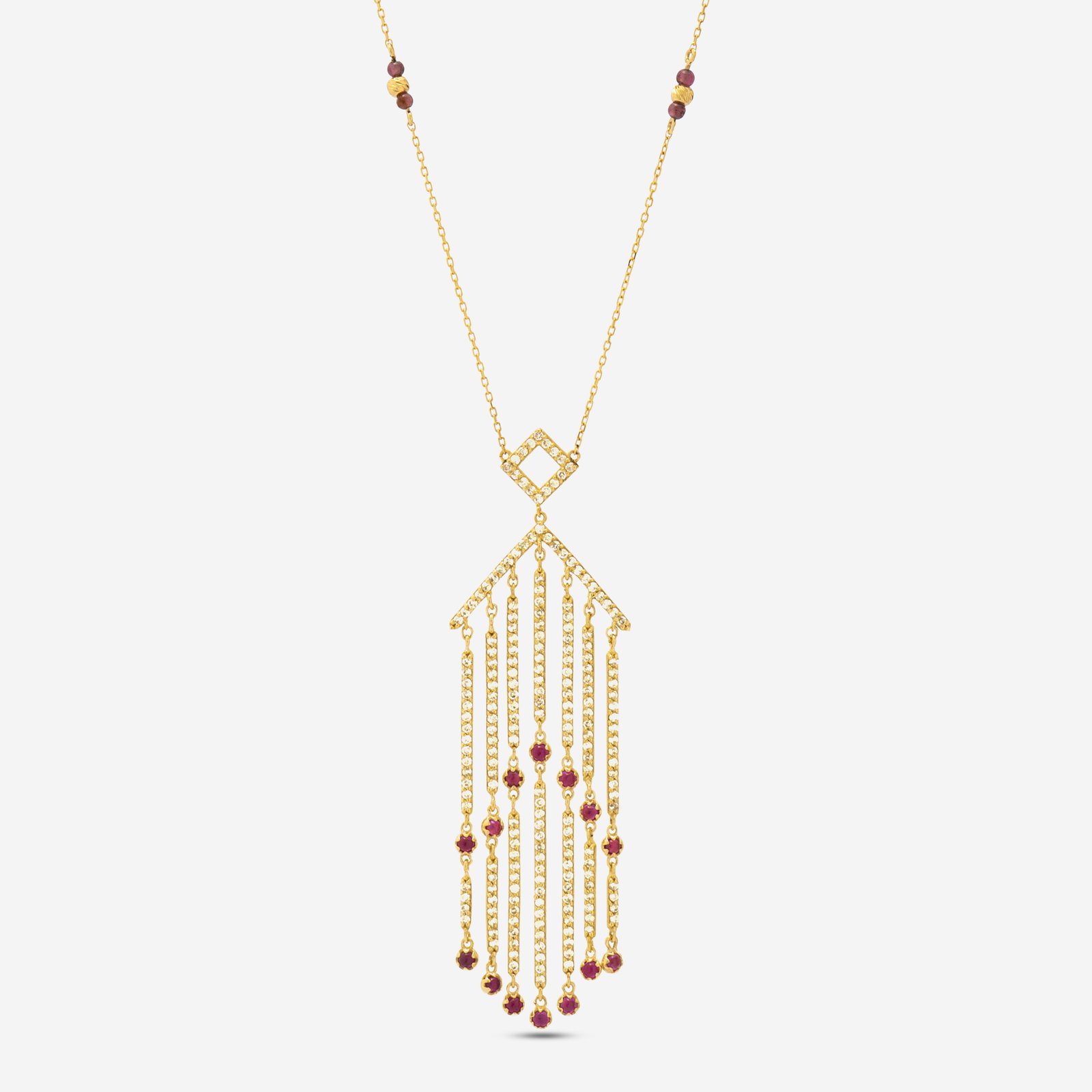 18-karat gold, ruby and diamond-studded, luxury necklace in an architectural-inspired geometric tassel (pendant) design.