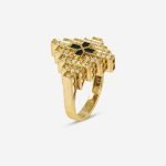 18-karat gold and diamond-studded, black enameled, tiered (layered) architectural pattern luxury ring.