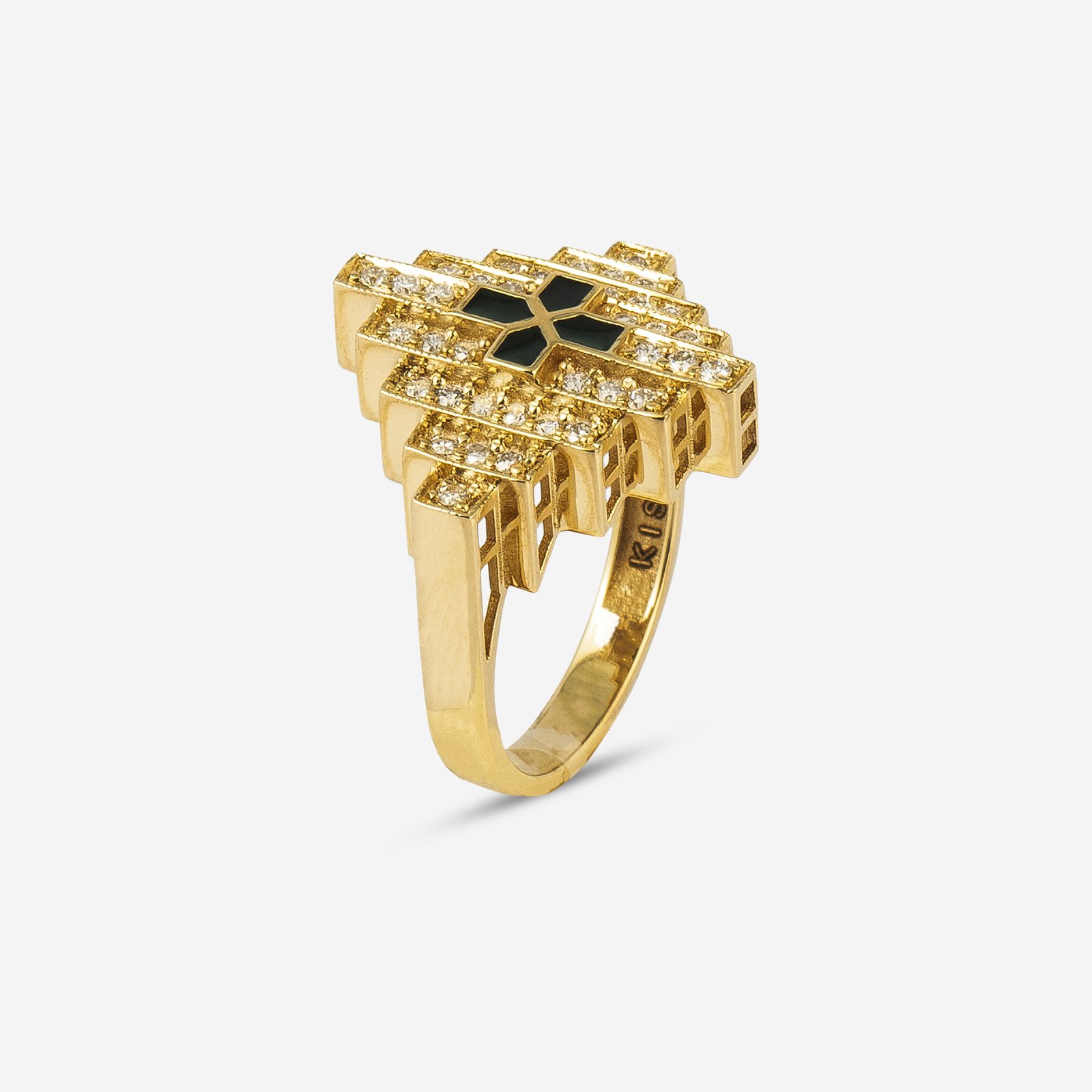 18-karat gold and diamond-studded, black enameled, tiered (layered) architectural pattern luxury ring.