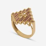 18-karat gold and ruby-studded, tiered (layered) architectural patterned, bold luxury ring.