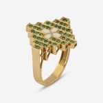 18-karat gold and emerald-stone, tiered (layered) architectural patterned, white enameled luxury ring.