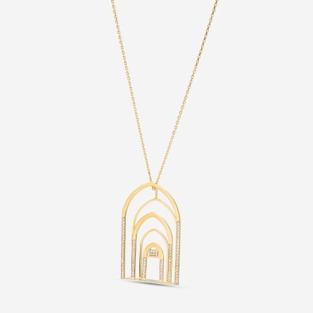 18-karat gold and diamond-studded, multi-colored enameled, Kufi calligraphy-engraved, vertical column-shaped necklace.