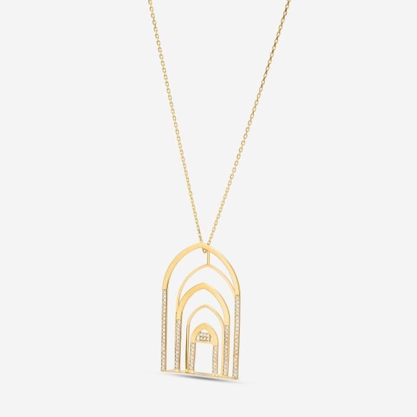 18K Gold Diamond Architectural Column Necklace 18-karat gold and diamond-studded, multi-colored enameled, Kufi calligraphy-engraved, vertical column-shaped necklace.