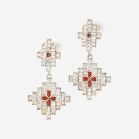 18-karat gold and diamond earrings with red/orange details, dangling, layered geometric design.