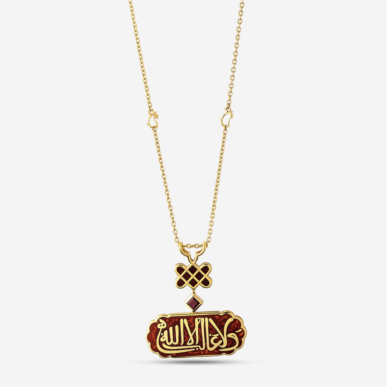 18-karat gold necklace, featuring calligraphy motifs on a red enamel background, inspired by Andalusian architecture, with ruby stone details.