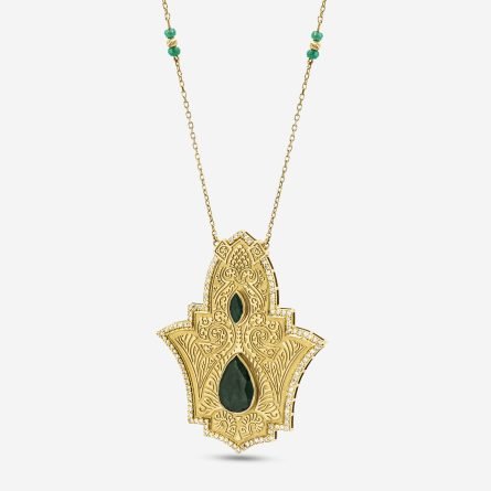 18-karat gold and diamond-framed, emerald green enameled, round medallion-shaped luxury necklace featuring Shahmeran/wisdom-themed calligraphy motifs.