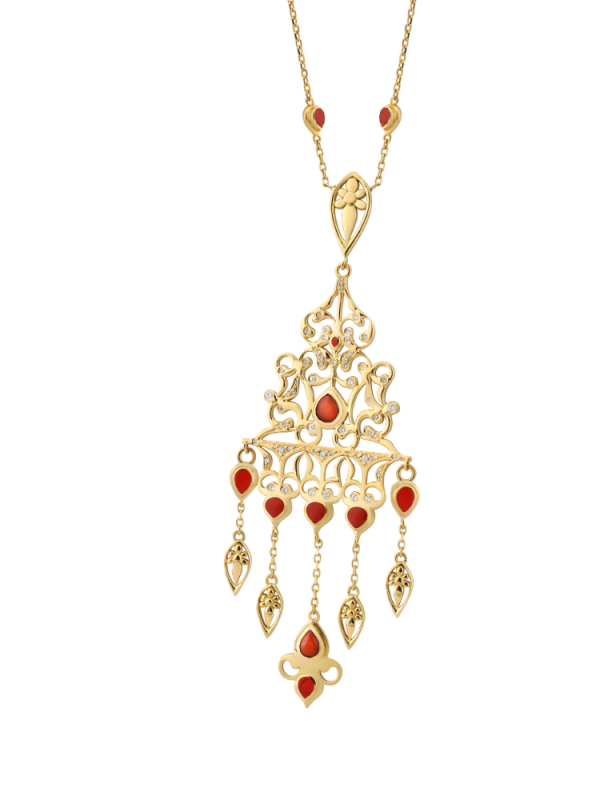 Kırmızı mine ve doğal yakut taşlı mikro işlemeli 18 ayar altın kolye ucu