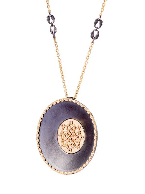 18 ayar altın pırlantalı Mühr-ü Kutsal kolye, düğüm motifli antik madalyon mücevher tasarımı.