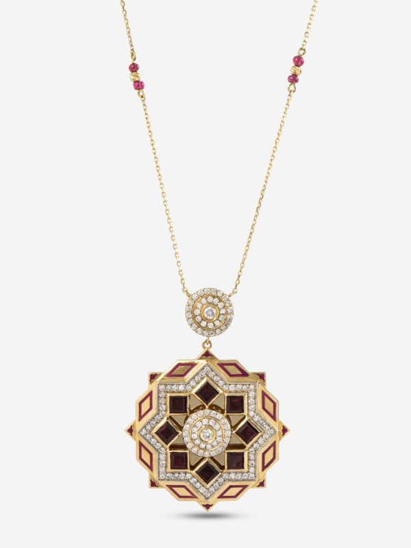 Arabian Koleksiyonu pırlanta mıhlamalı sarmal motifli 18 ayar altın kolye tasarımı