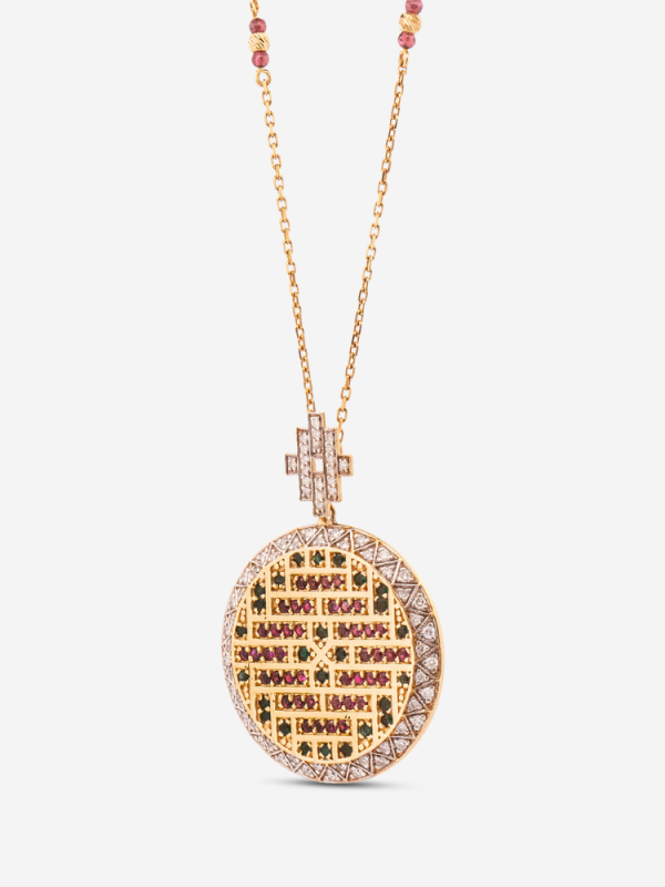 Doğal yakut, zümrüt ve pırlanta taşlı mikro işlemeli 18 ayar altın kolye ucu