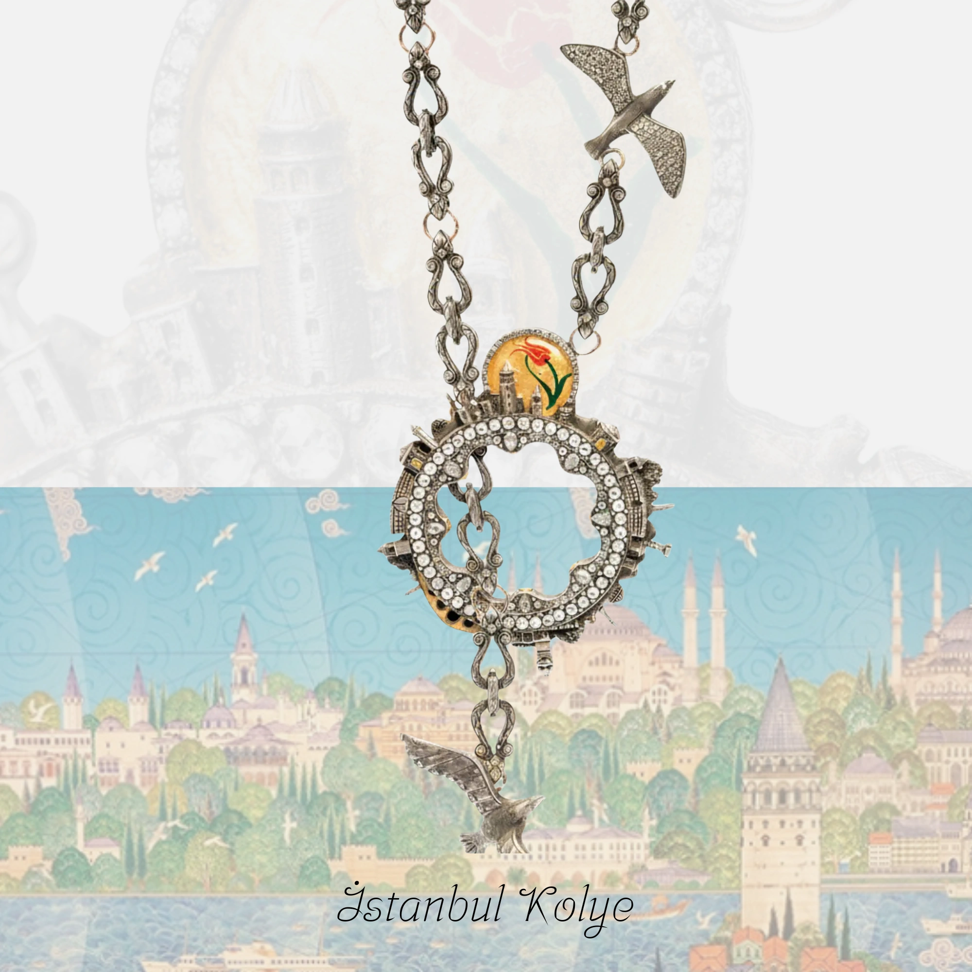 Yedi kademeli geometrik formda pırlanta taşlı 18 ayar altın kolye ucu