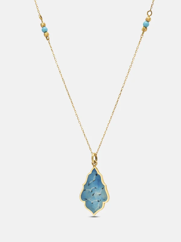 Damla formunda doğal turkuaz taşlı mikro desen işlemeli 18 ayar altın kolye ucu