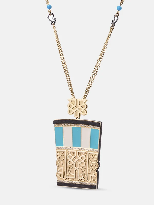 Hilal formunda mimari motifli pırlanta taşlı 18 ayar altın kolye ucu