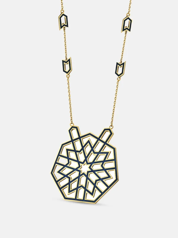 Lacivert mine işlemeli geometrik girih desenli 18 ayar altın kolye ucu