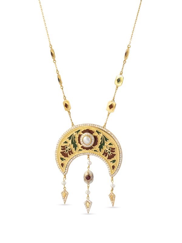 18K Gold Crescent Ruby Necklace with Diamonds