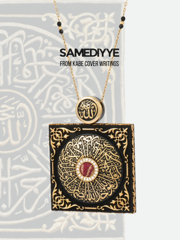 A luxurious necklace design inspired by the Samediyye plaque on the Kaaba's belt, featuring the original Kaaba cover in detail and calligraphy.