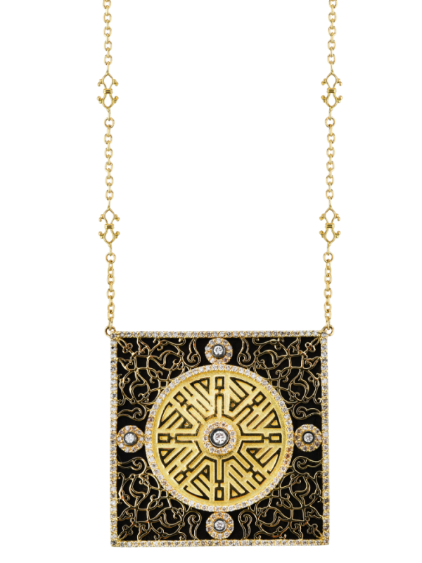 Işınsal pırlanta dizilimli dairesel formda 18 ayar altın kolye ucu tasarımı